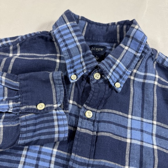 J Crew Shirt Men Large Navy Blue White‎ Plaid Button Up 100% Linen Casual - Picture 1 of 8